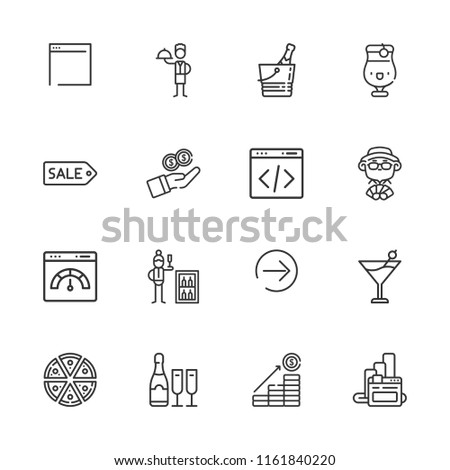 Collection of 16 bar outline icons include icons such as player, minibar, cocktail, waiter, browser, coding, champagne, pizza, tag, browsers, growth, increase, next page