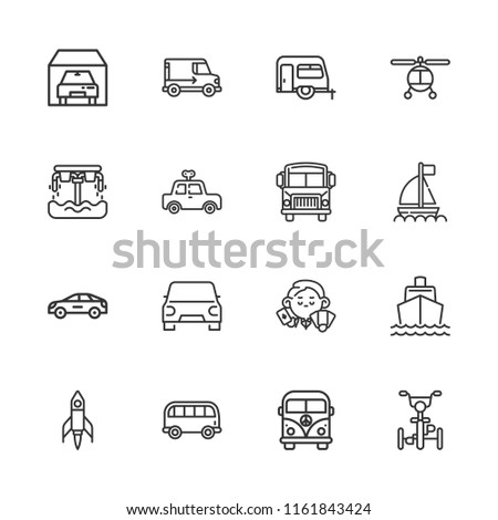Collection of 16 vehicle outline icons include icons such as dealer, delivery truck, bicycle, helicopter, car, minivan, rocket, garage, hoverboard, boat, bus, trailer