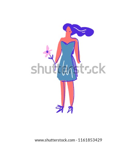 Girl with flower illustration. Flat cartoon style. Vector, clipart.