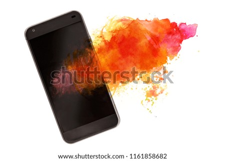 An overhead photo of a smartphone with a splash of vibrant paint for copy space
