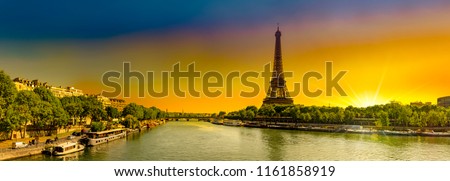 Amazing panoramic image of sunrise at the Eiffel tower in spring in Paris, France