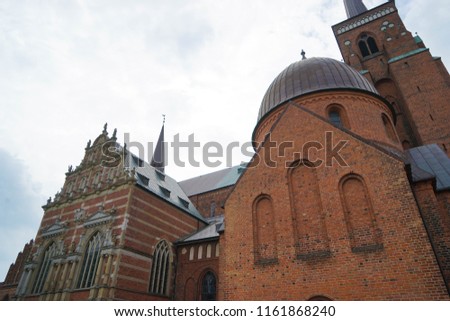 Exterior of the Roskilde Cathedral, UNESCO World Heritage Site and mausoleum of the Danish royal family since the 15th century.