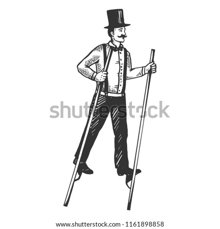 Man on stilts engraving vector illustration. Scratch board style imitation. Black and white hand drawn image.