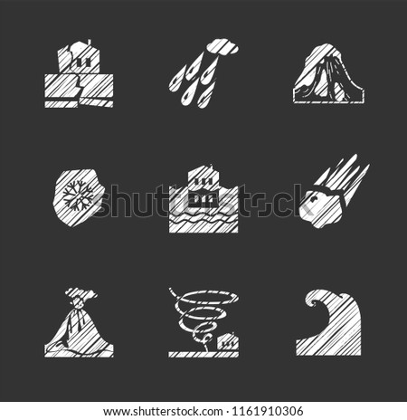 Images of various natural disasters. Vector clip art. Flat icons. Simulated pencil shading. White figures on a gray background. 