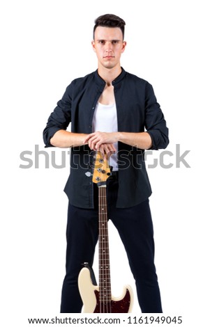 Young musician with guitar, isolated on white
