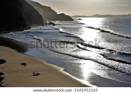 series of photographs of seascapes in beach of Campelo, Valdoviño, with waves breaking, sunset, A Coruña, Galicia, Spain,