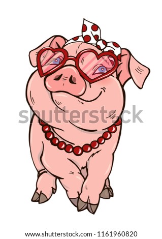 Piggy girl fashionista, pig in sunglasses and beads, vector illustration on white background, pig symbol 2019