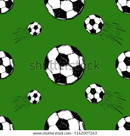 Seamless pattern with football balls. Graphic black sketch t-shirt design with european football or soccer ball and text on green background. Football fan vector background.