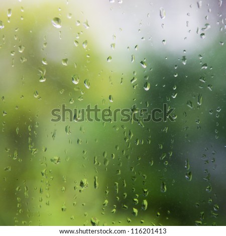natural water drops on window glass with green background