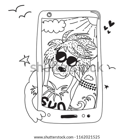 Cartoon masculine funny leo with surfboard in a sunglasses taking selfie. Vector illustration, line art.