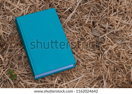vintage creative concept of blue book cover frame texture on hay background with empty space for copy or text