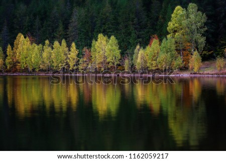 Idyllic autumn landscape with colorful green and yellow trees reflecting in the lake. Transylvania, Sfanta Ana Lake