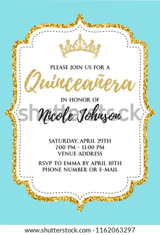 Quinceañera party for girl 15 years vector printable invitation card with golden glitter elements