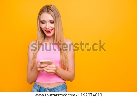 Win wow omg notification blogging browsing internet people concept. Close up studio photo portrait of attractive pretty beautiful person lady want like watching video isolated bright background