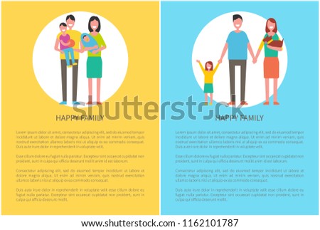 Happy family vector poster with parents, pretty daughter, son and dog pet. Relatives mother, father and girl spend time together. Love and relationships