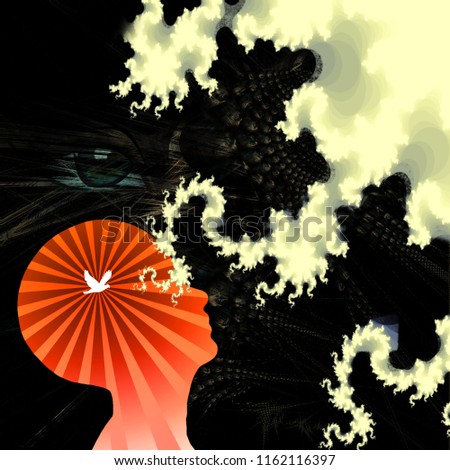 Human head silhouette with bird. Weird clouds and giant eye. 3D rendering