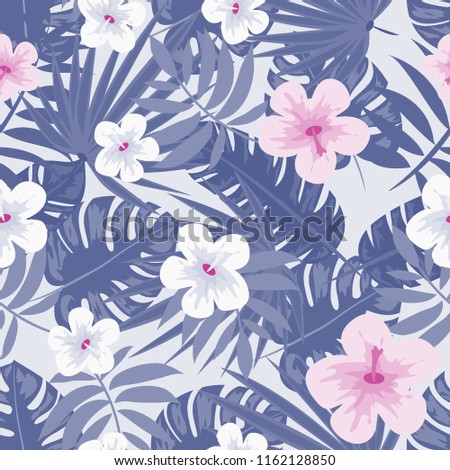 Summer seamless pattern with tropical flowers and leaves.