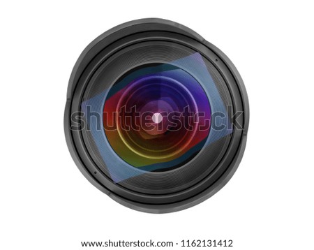 Large wide angle photo lens front view. Close up isolated on white, clipping path included
