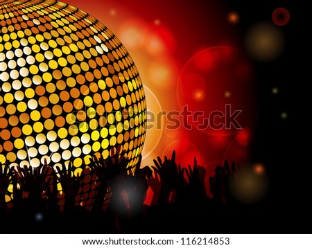 Glowing disco ball and crowd background with glowing lights