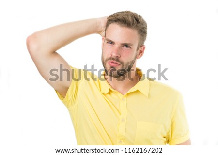 Life without dandruff. Healthy hair. Guy attractive enjoy hairstyle. Man bearded strict face enjoy freshness white background. Man beard unshaven handsome and well groomed touching clean fresh hair.