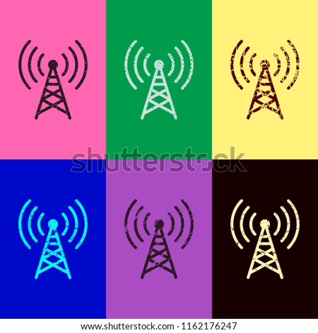 Radio tower icon. Linear style. Pop art style. Scratched icons on 6 colour backgrounds. 