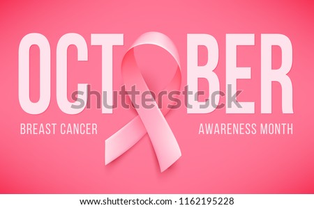 Symbol of Breast cancer awareness month in october. Realistic pink ribbon. Poster template. Vector illustration.