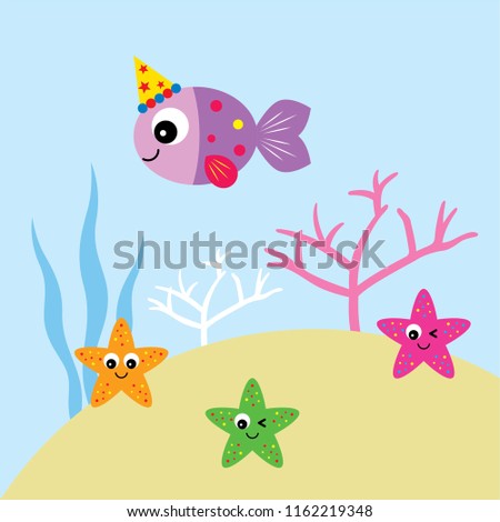 cute happy fish happy birthday party vector. fish cartoon with party hat and starfish vector.