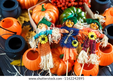 box  with pumpkins, scarecrows, lanterns on the dark background. Halloween decoration, concept