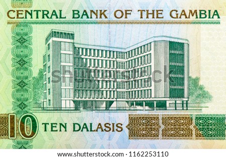 Unidentified modern building. Portrait from Gambia 10 Dalasis 2006 Banknotes. Closeup Collection.
