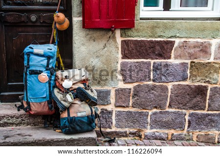 Facade of a hostel for pilgrims traveling to Santiago Royalty-Free Stock Photo #116226094