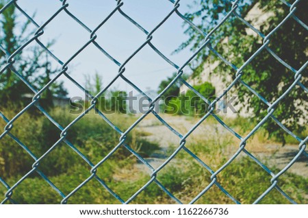 Looking at the texture and patterns of the chain linked fence in front of the overgrown warehouse on the hot summer day. 