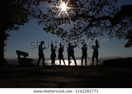 silhouette of a group of happy friends in the sunset