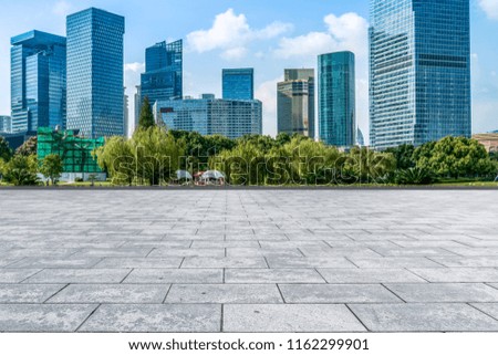 Blue sky, empty marble floor and skyline of Shanghai