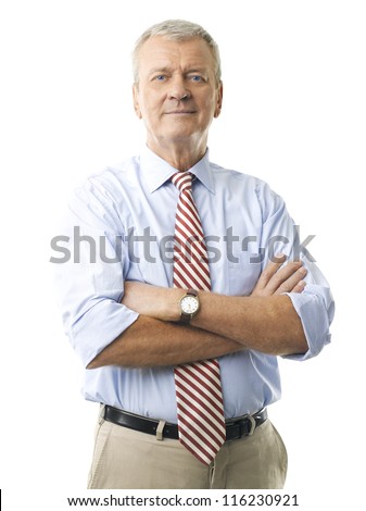  Portrait of a senior businessman smiling against white background