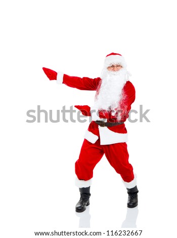 Santa Claus holding Banner point finger glove at blank empty copy space for Text isolated over white background, concept of christmas new year sale shopping
