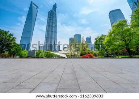 Blue sky, empty marble floor and skyline of Shanghai