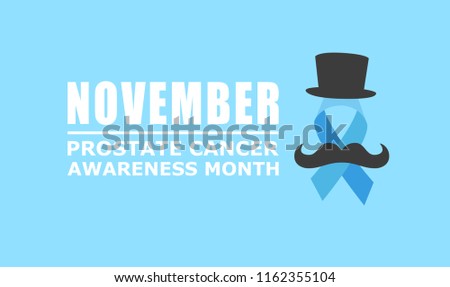Vector illustration of light blue ribbon with mustache, hat and text. November - Prostate Cancer Awareness month. Men health awareness.