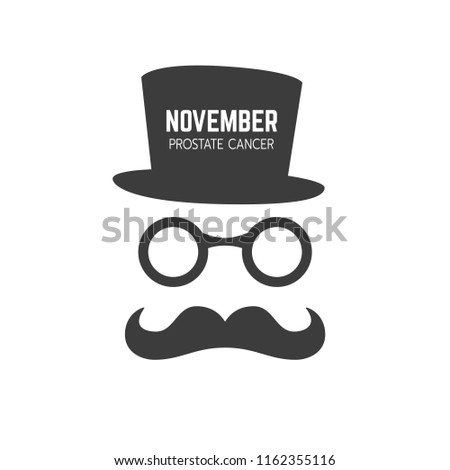 Vector illustration of glasses, mustache and hat with text. November - Prostate Cancer Awareness month. Men health awareness.