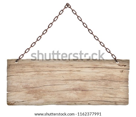 old light wooden sign hanging on a chain isolated on white backg