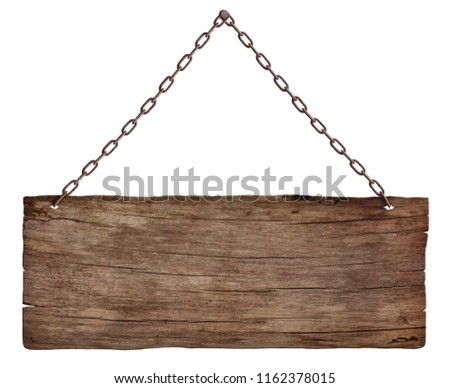 old wooden sign hanging on a chain isolated on white background