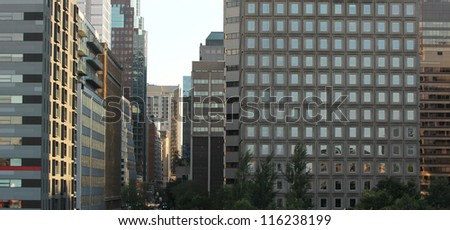 Close up of buildings in downtown Montreal city