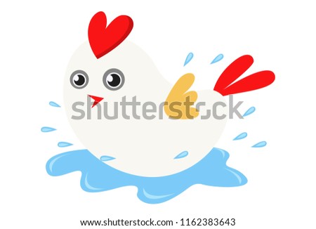 Vector cartoon illustration of cute sparrow sitting in water. Isolated on white background.  