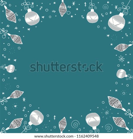 Christmas circle frame with white hand drawn elements on a blue background. Doodle christmas template for design. Vector.