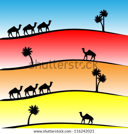 Pattern with camels and  palms at sunset - vector.