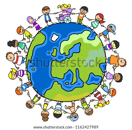 Multicultural group of children hold hands around a world globe as integration and inclusion concept