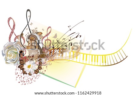 Abstract musical design with a treble clef, coffee beans and cafe entrance. Hand drawn vector illustration.