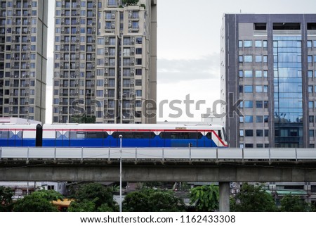 Bangkok Sky train (BTS) mass transit system in Bangkok make comfortable convenient lifestyle through the city, condominium, house, office in Thailand. Royalty-Free Stock Photo #1162433308