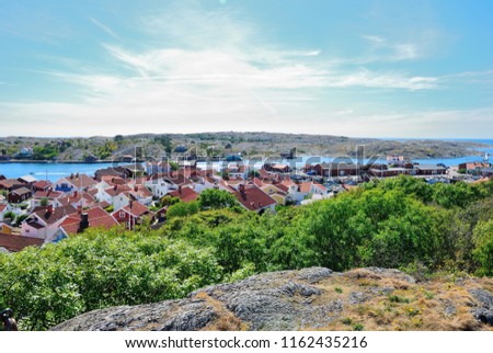 View over Mollösund (Mollosund) fishing village situated on the Orust Island of Bohuslän (Bohuslan) Archipelago in Sweden Royalty-Free Stock Photo #1162435216