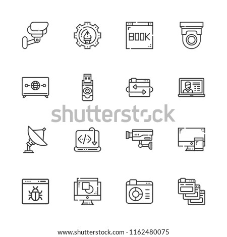 Collection of 16 monitor outline icons include icons such as laptop, cctv, browser, television, flash disk, browsers, computer, graphic design