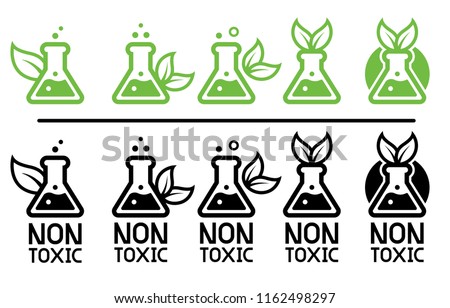 Green care and non-toxic from science technology (leaf& Eco chemical icon concept). Environmental chemistry certified safety for user product.  Royalty-Free Stock Photo #1162498297